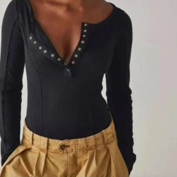 Free People Tops - Free People Sloane Thermal Henley Bodysuit • NWT • Black • Small